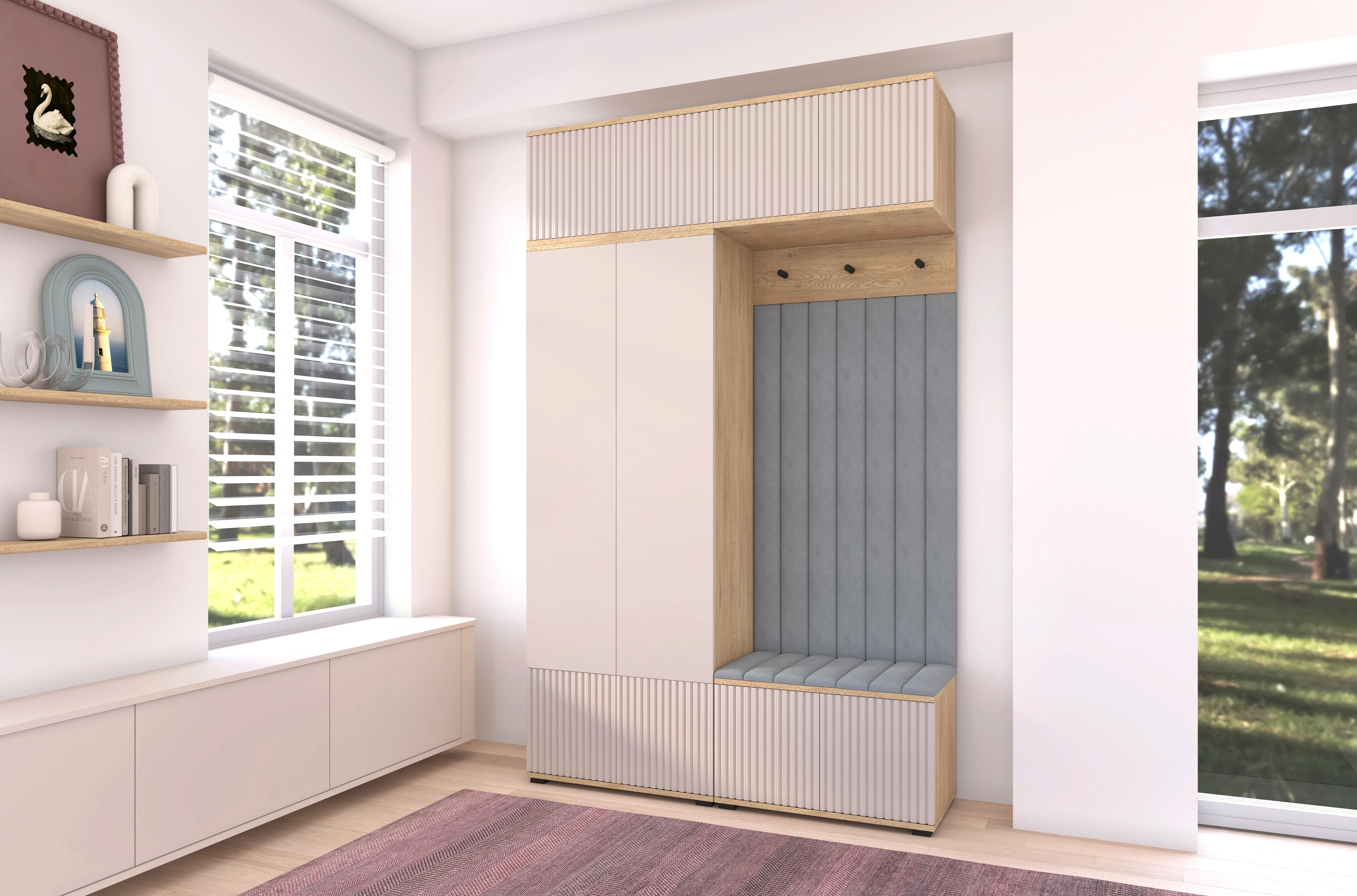 Bello Hallway Wardrobe Set 2 – Choose Leg Height, Mirror & Panel Colour | Cashmere & Cremona Oak