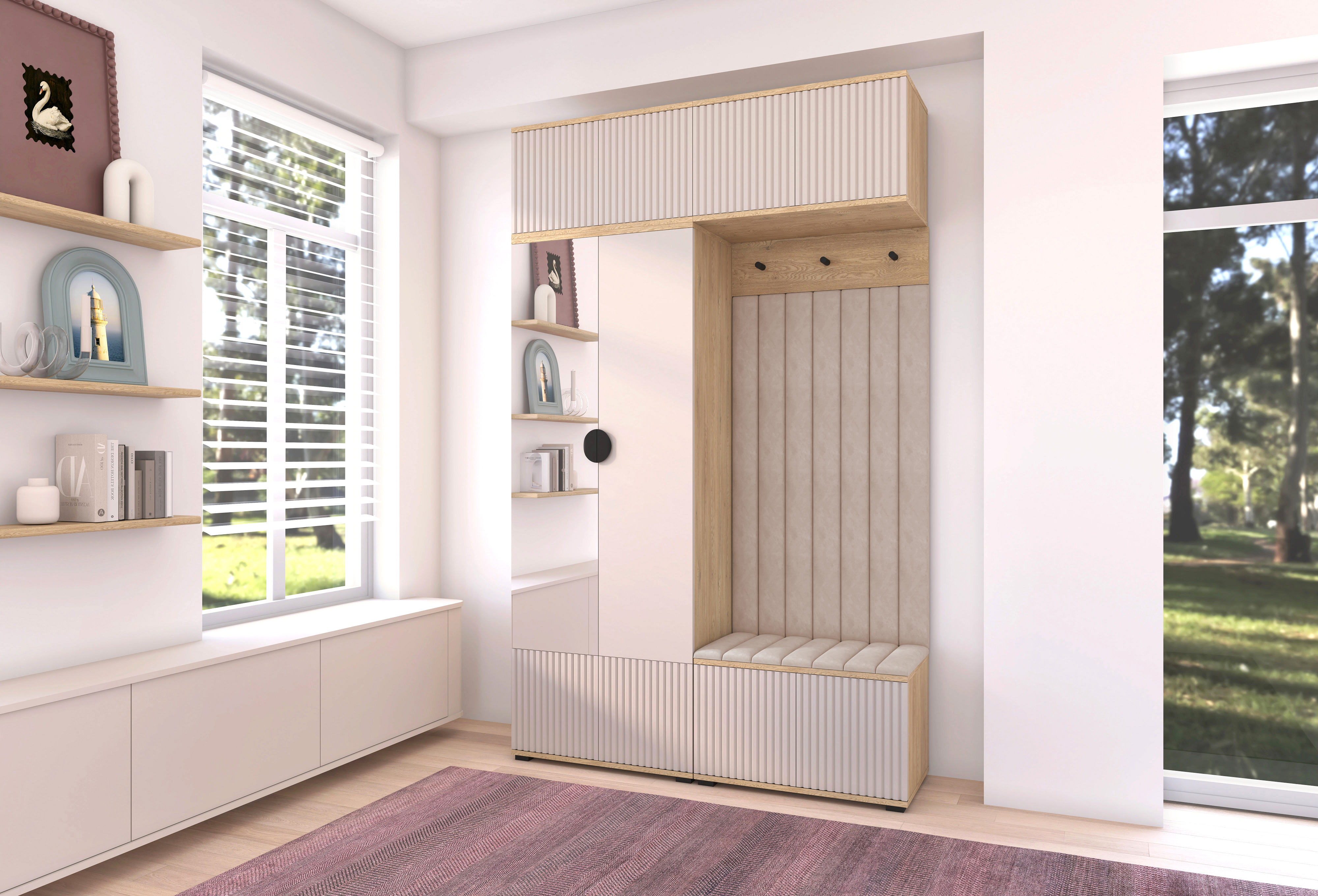 Bello Hallway Wardrobe Set 2 – Choose Leg Height, Mirror & Panel Colour | Cashmere & Cremona Oak