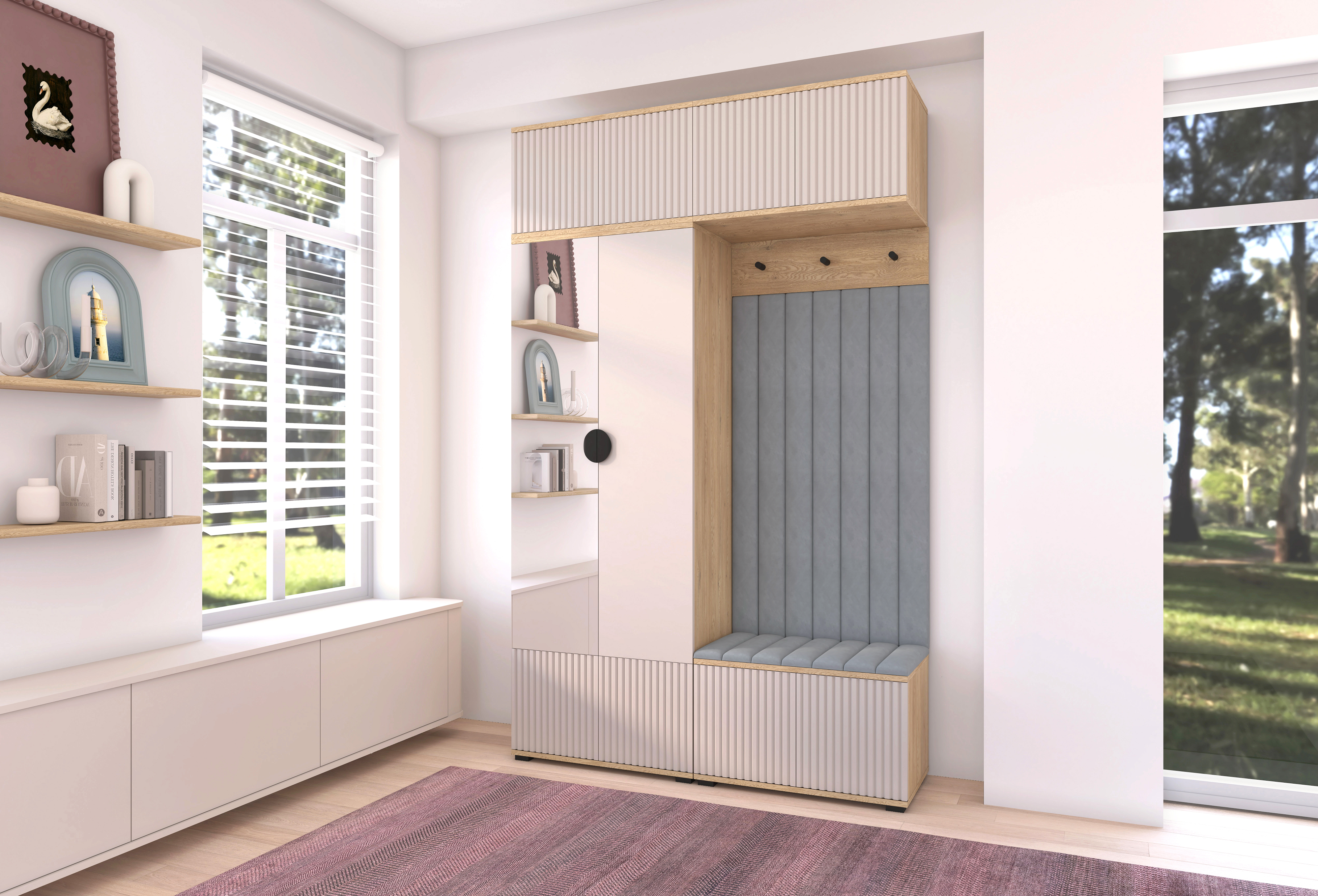 Bello Hallway Wardrobe Set 2 – Choose Leg Height, Mirror & Panel Colour | Cashmere & Cremona Oak