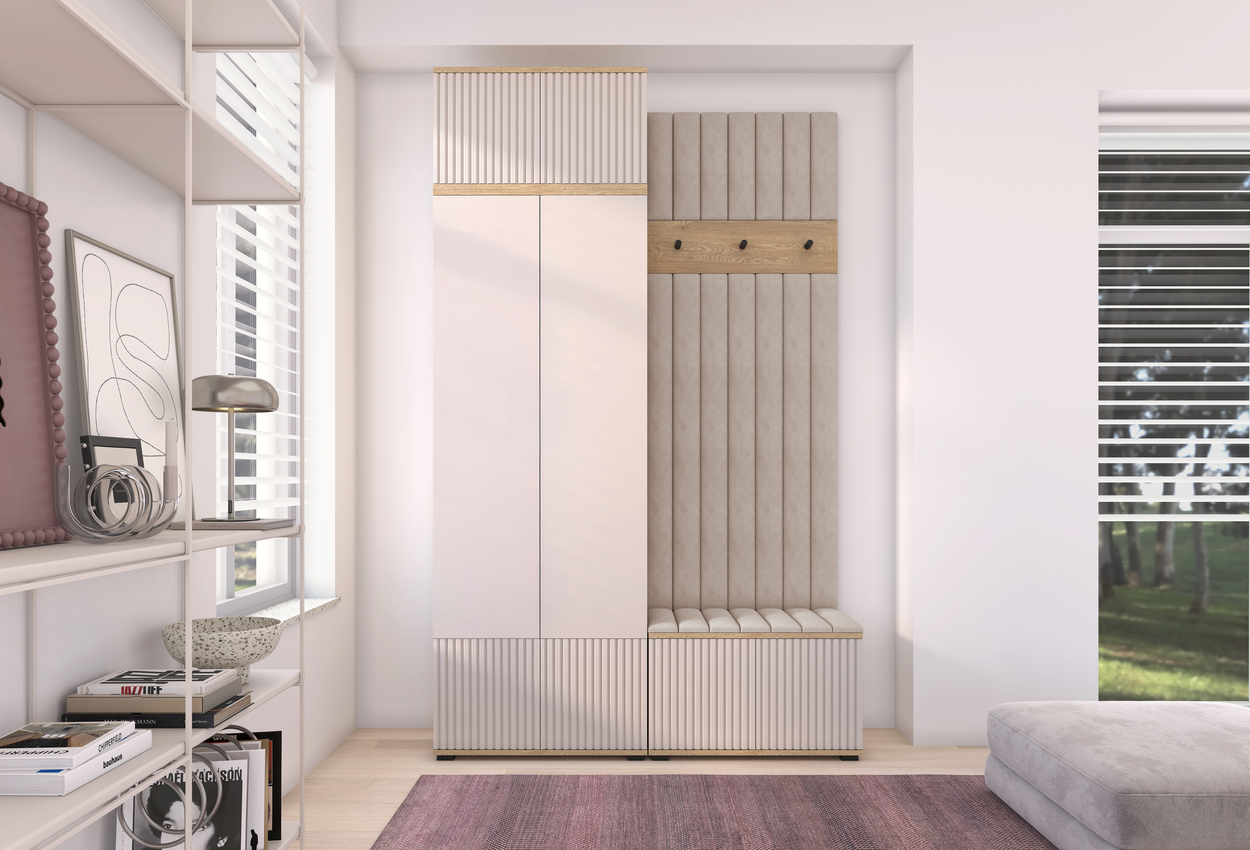 Bello Hallway Wardrobe Set 4 – Choose Leg Height, Mirror & Panel Colour | Cashmere & Cremona Oak