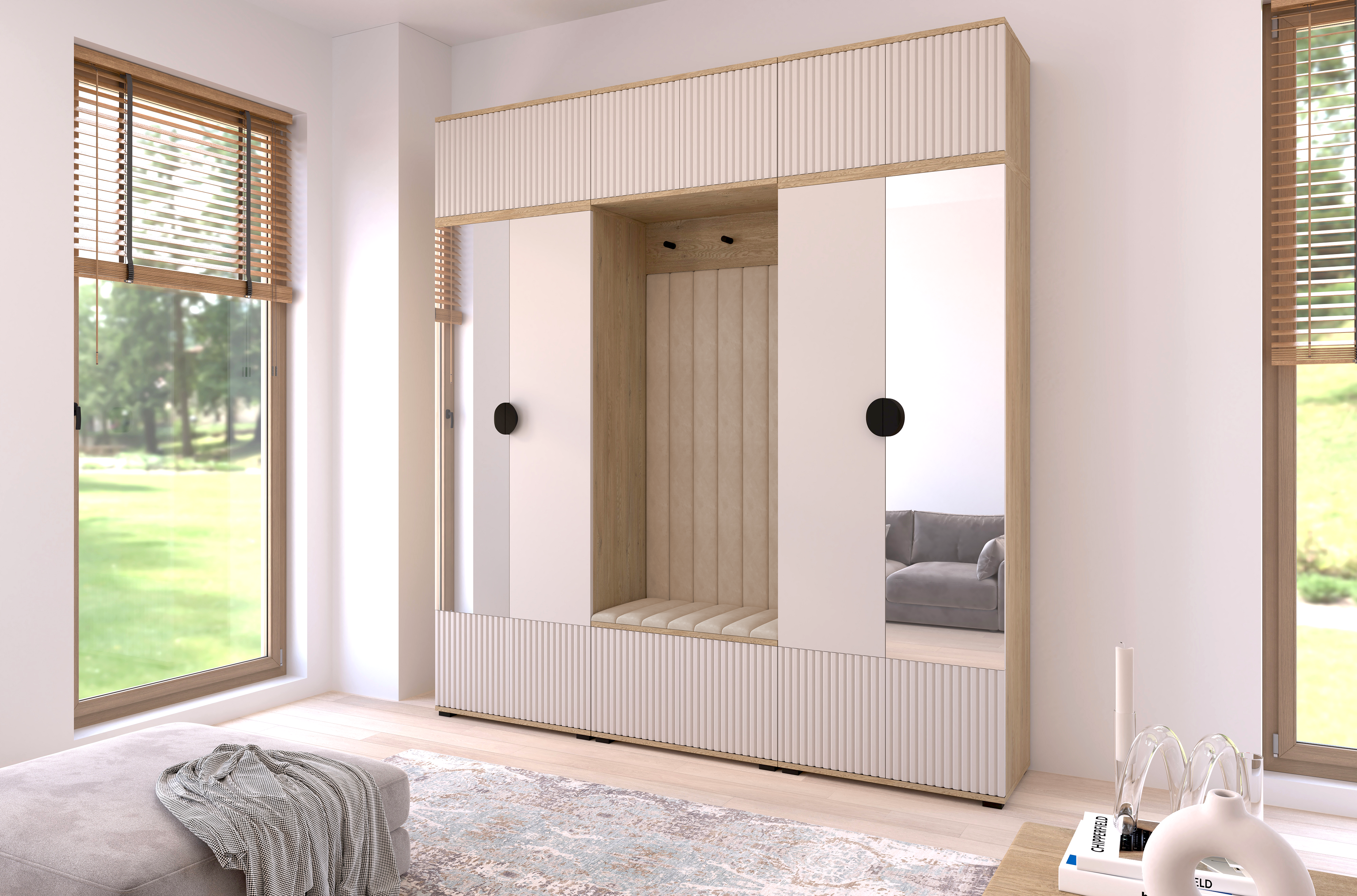 Bello Hallway Wardrobe Set 3 – Choose Leg Height, Mirror & Panel Colour | Cashmere & Cremona Oak