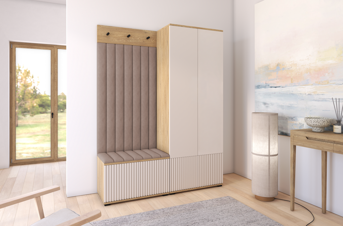 Bello Hallway Wardrobe Set 1 – Choose Leg Height, Mirror & Panel Colour | Cashmere & Cremona Oak