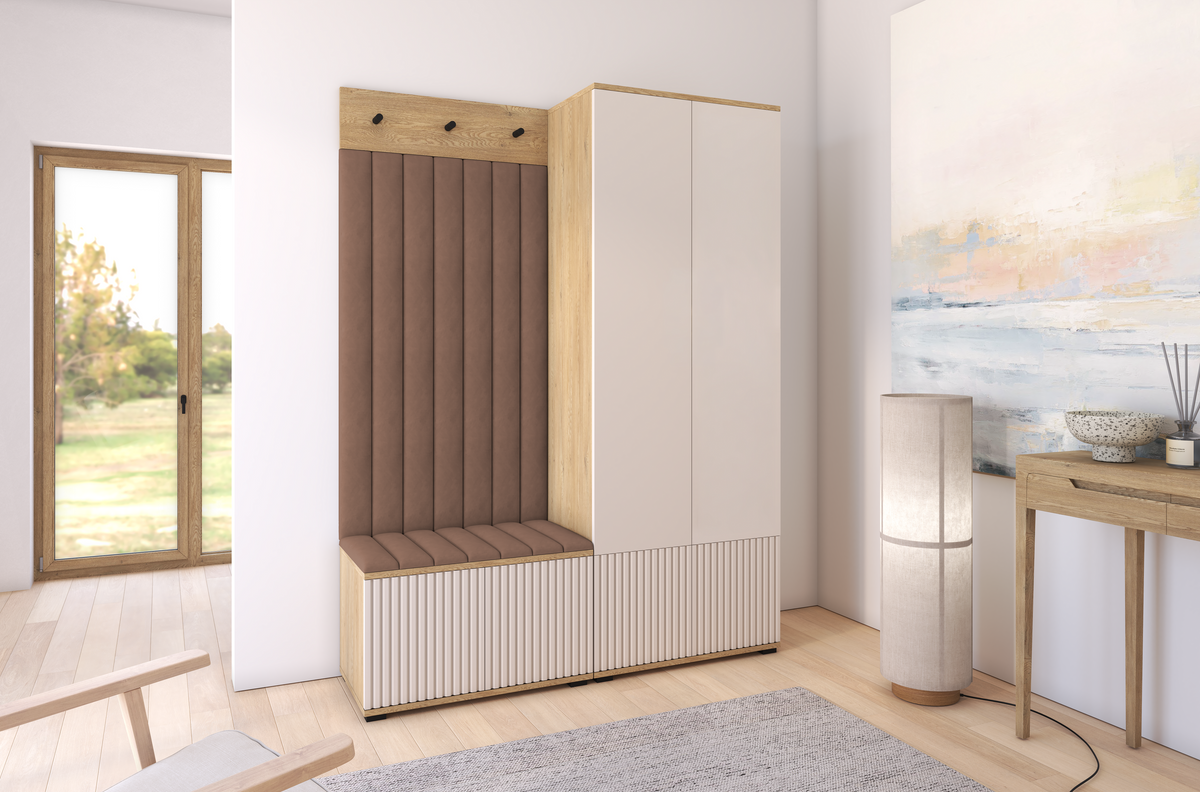 Bello Hallway Wardrobe Set 1 – Choose Leg Height, Mirror & Panel Colour | Cashmere & Cremona Oak