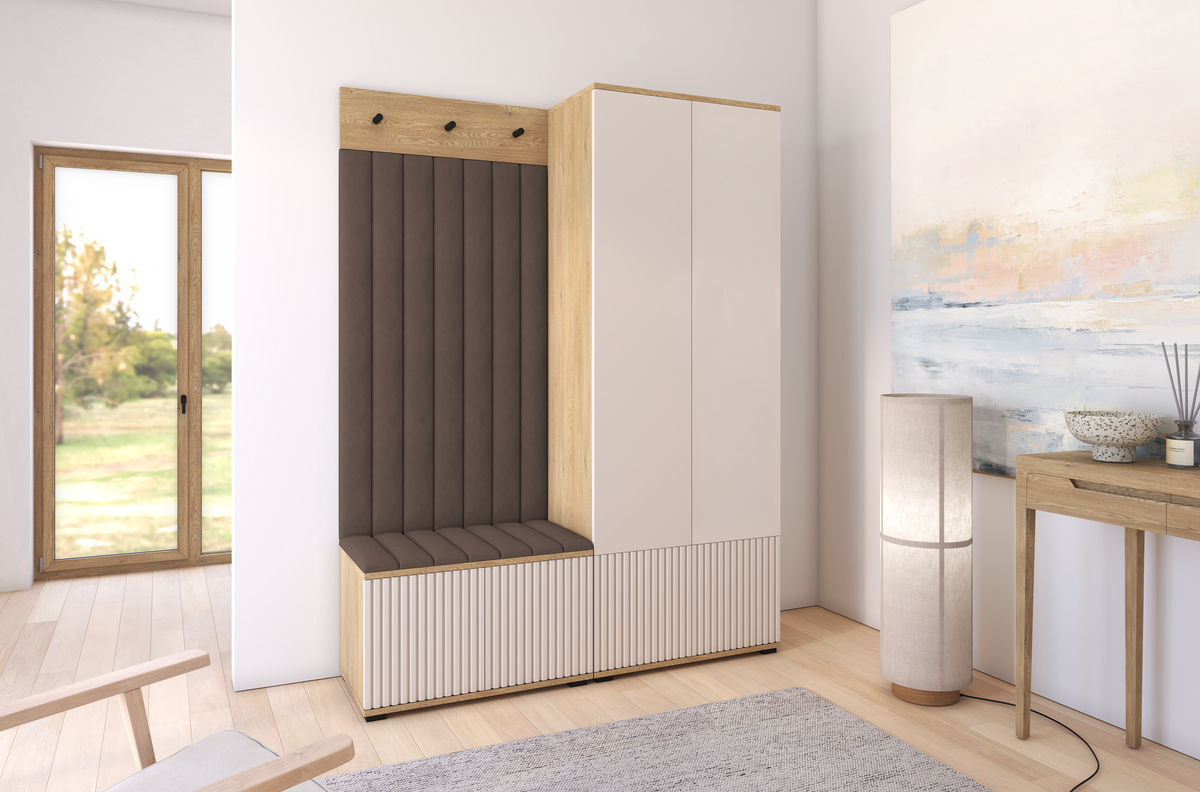 Bello Hallway Wardrobe Set 1 – Choose Leg Height, Mirror & Panel Colour | Cashmere & Cremona Oak