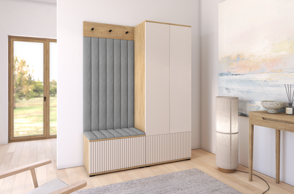 Bello Hallway Wardrobe Set 1 – Choose Leg Height, Mirror & Panel Colour | Cashmere & Cremona Oak