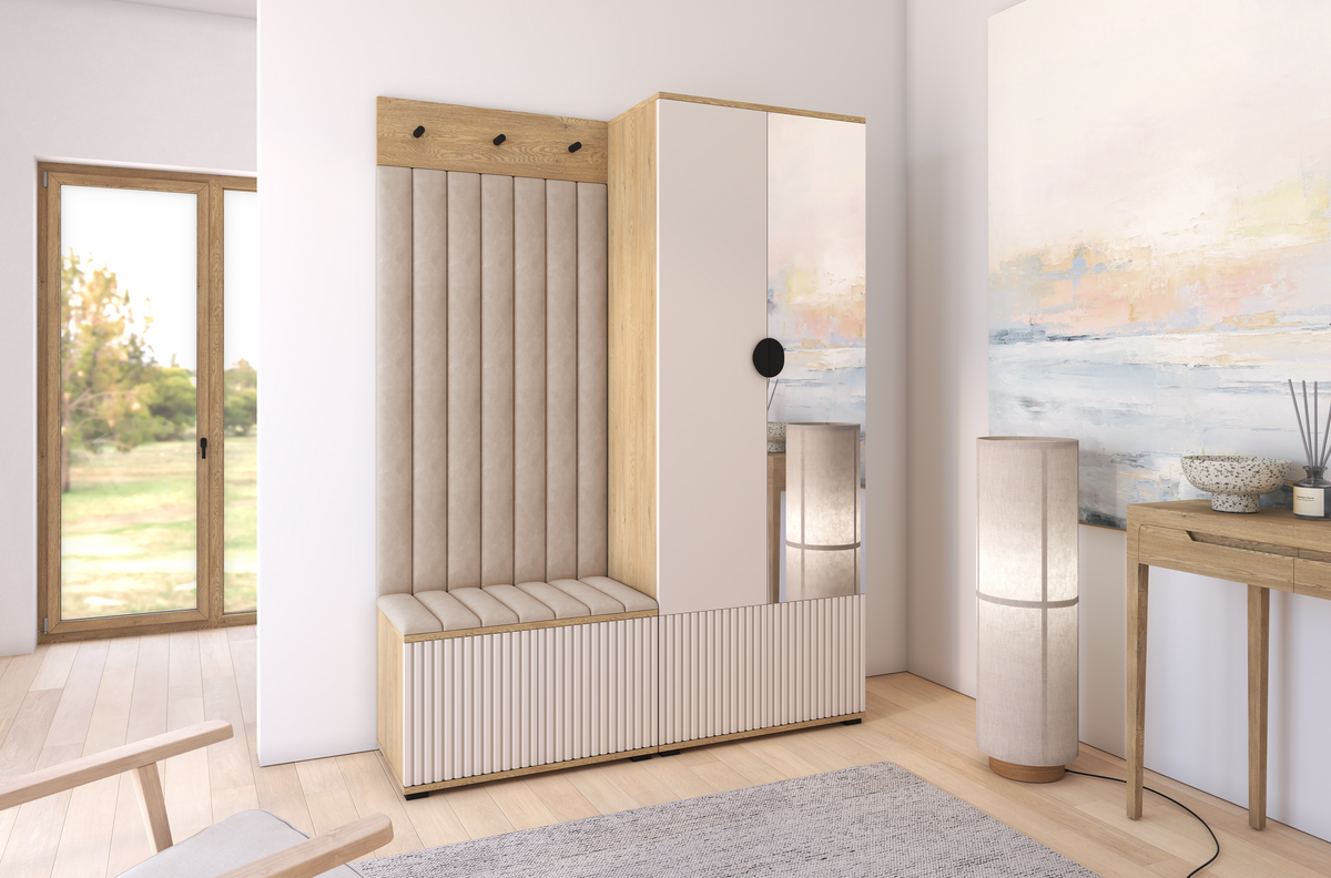 Bello Hallway Wardrobe Set 1 – Choose Leg Height, Mirror & Panel Colour | Cashmere & Cremona Oak