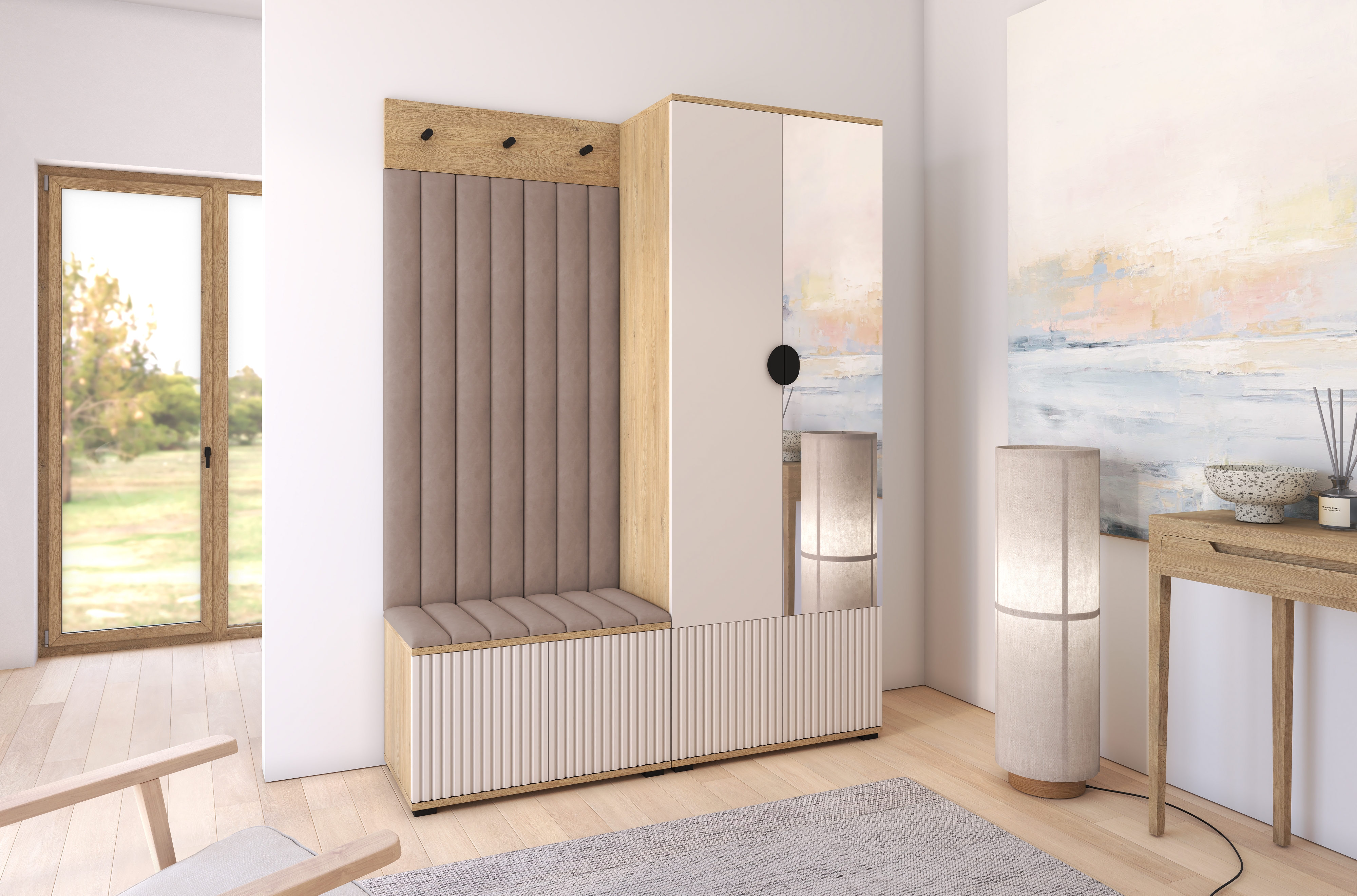 Bello Hallway Wardrobe Set 1 – Choose Leg Height, Mirror & Panel Colour | Cashmere & Cremona Oak