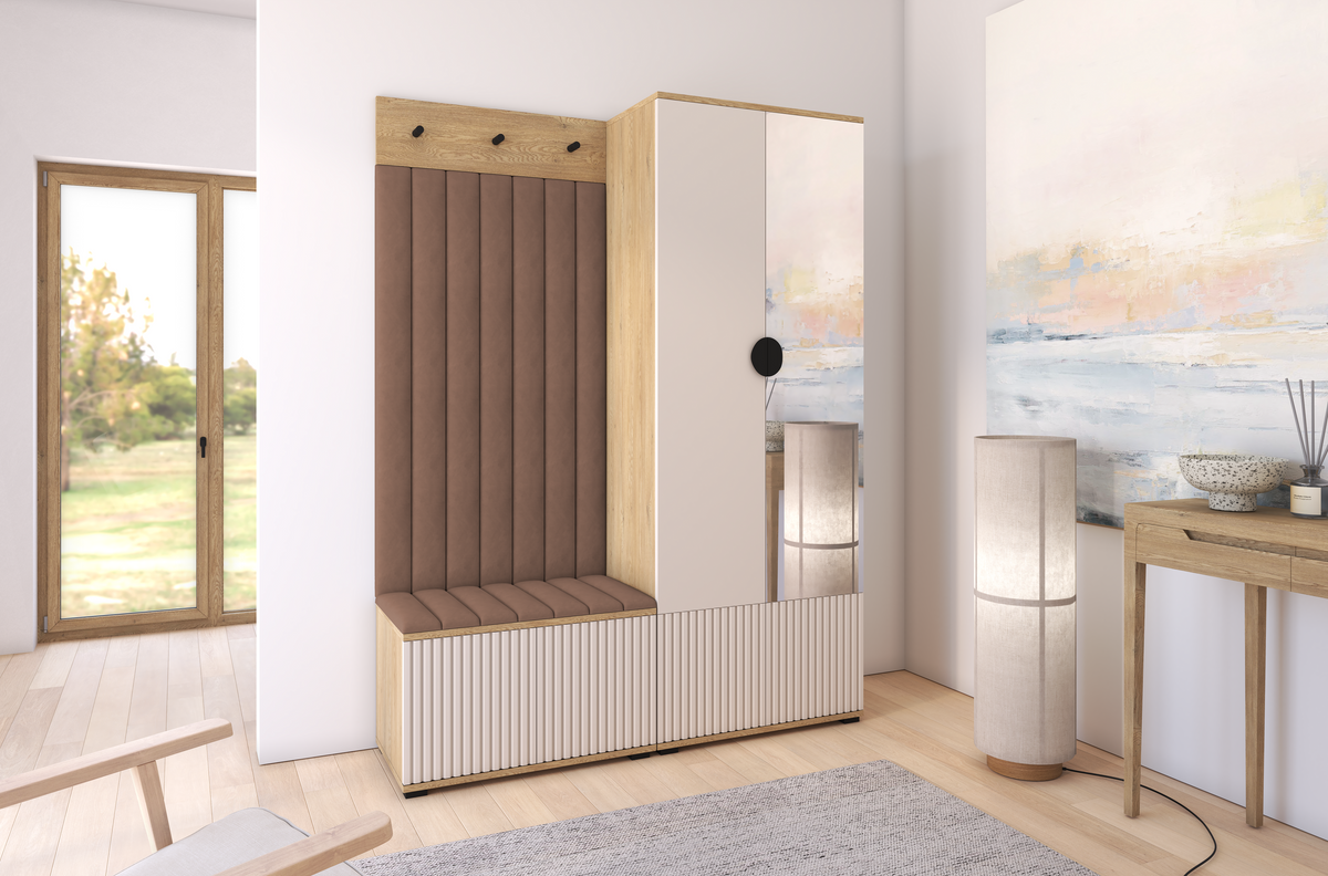 Bello Hallway Wardrobe Set 1 – Choose Leg Height, Mirror & Panel Colour | Cashmere & Cremona Oak