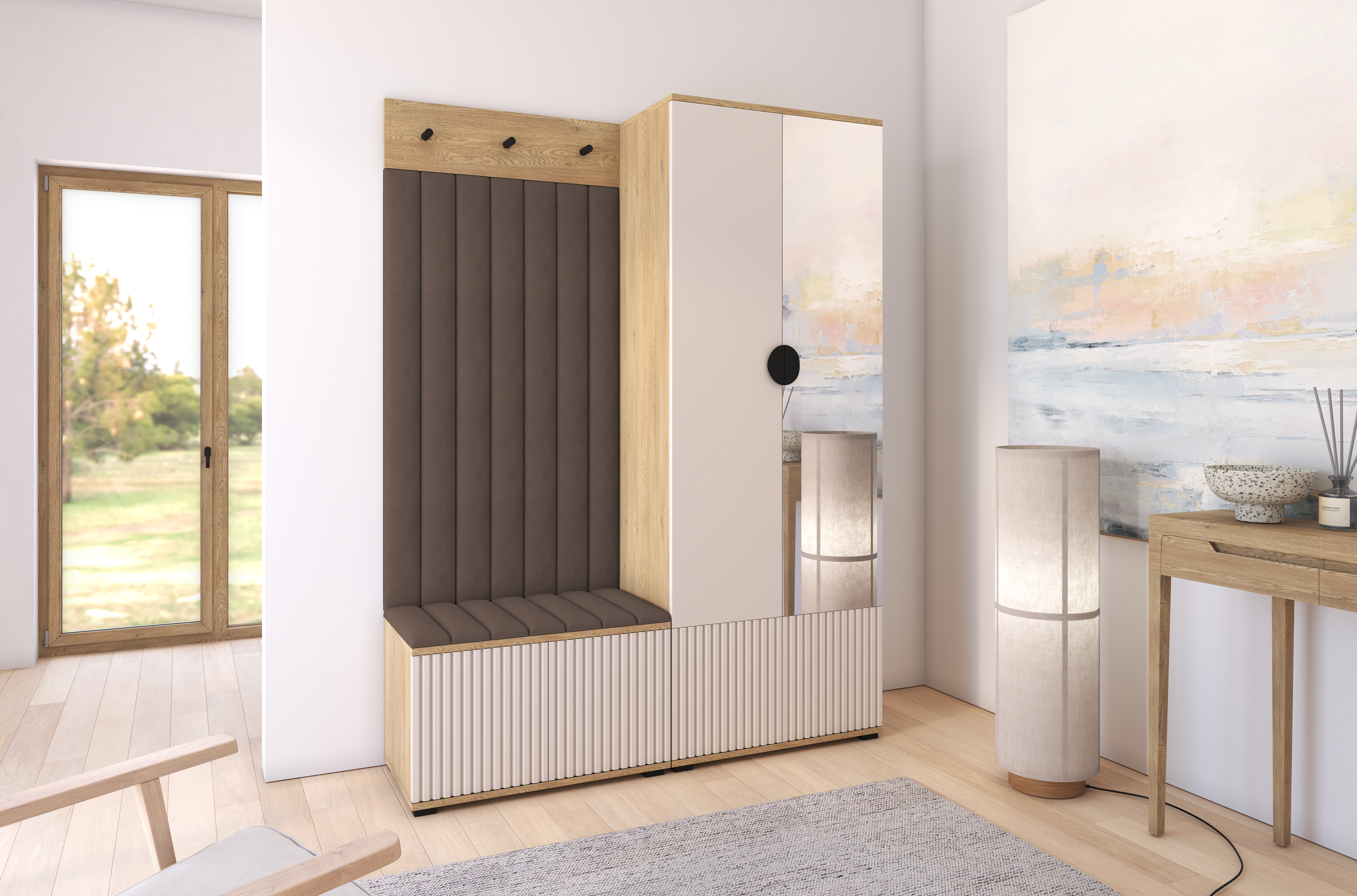 Bello Hallway Wardrobe Set 1 – Choose Leg Height, Mirror & Panel Colour | Cashmere & Cremona Oak