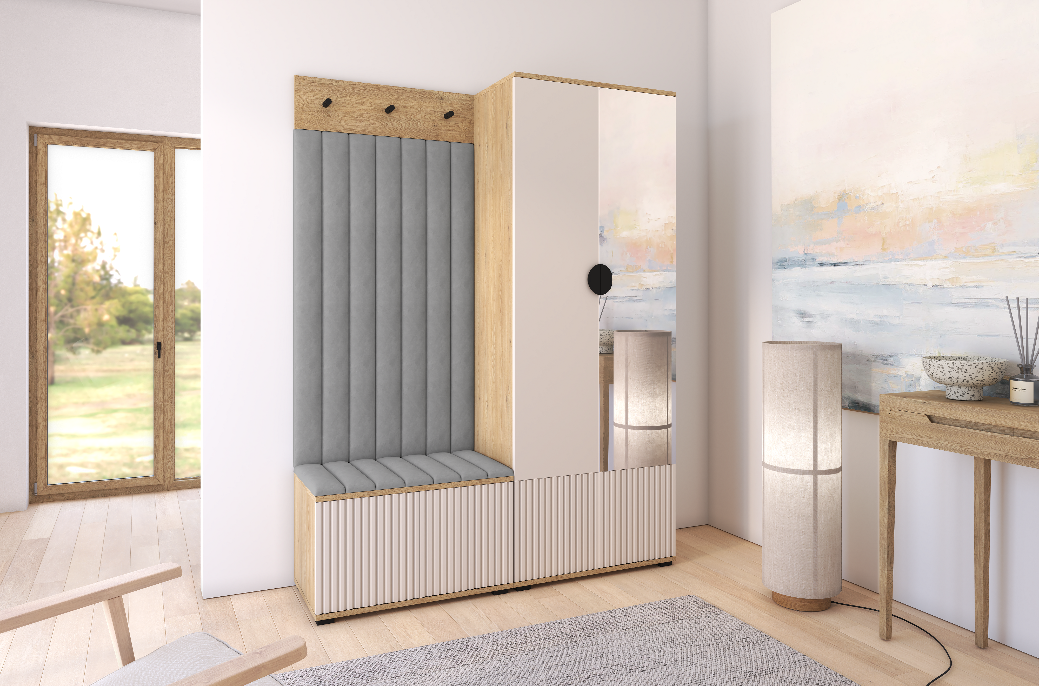 Bello Hallway Wardrobe Set 1 – Choose Leg Height, Mirror & Panel Colour | Cashmere & Cremona Oak