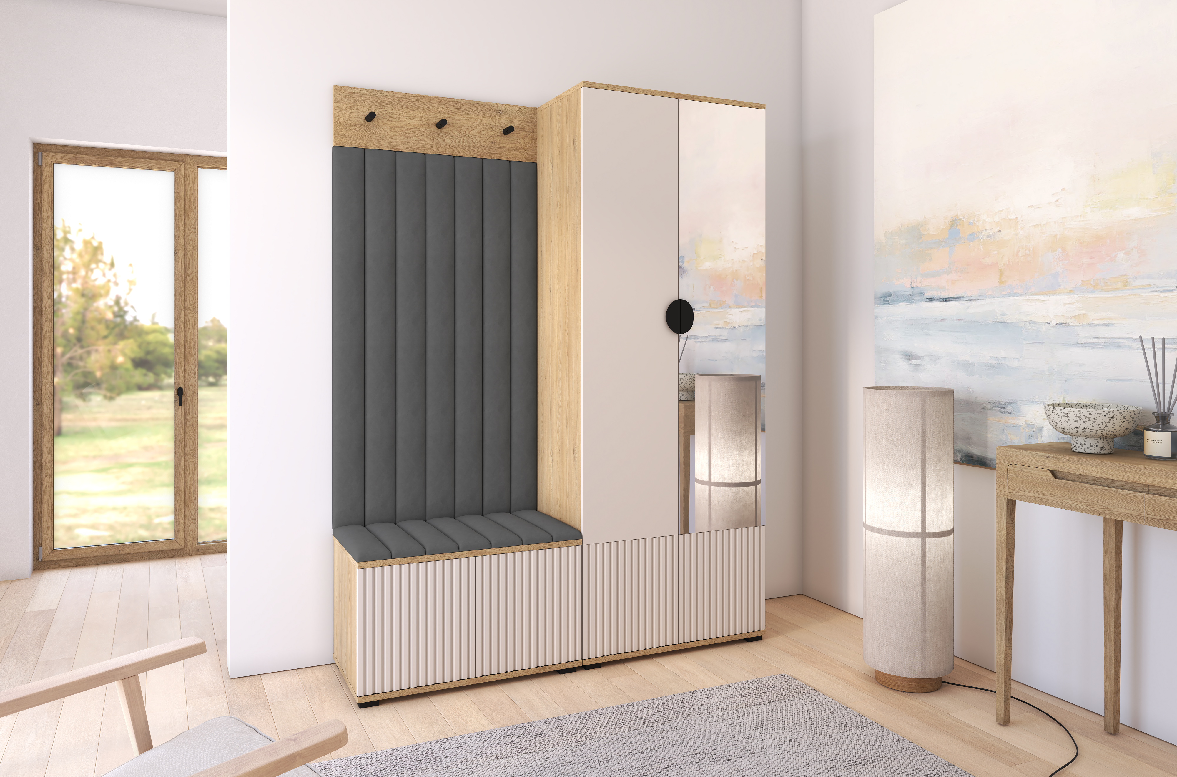 Bello Hallway Wardrobe Set 1 – Choose Leg Height, Mirror & Panel Colour | Cashmere & Cremona Oak