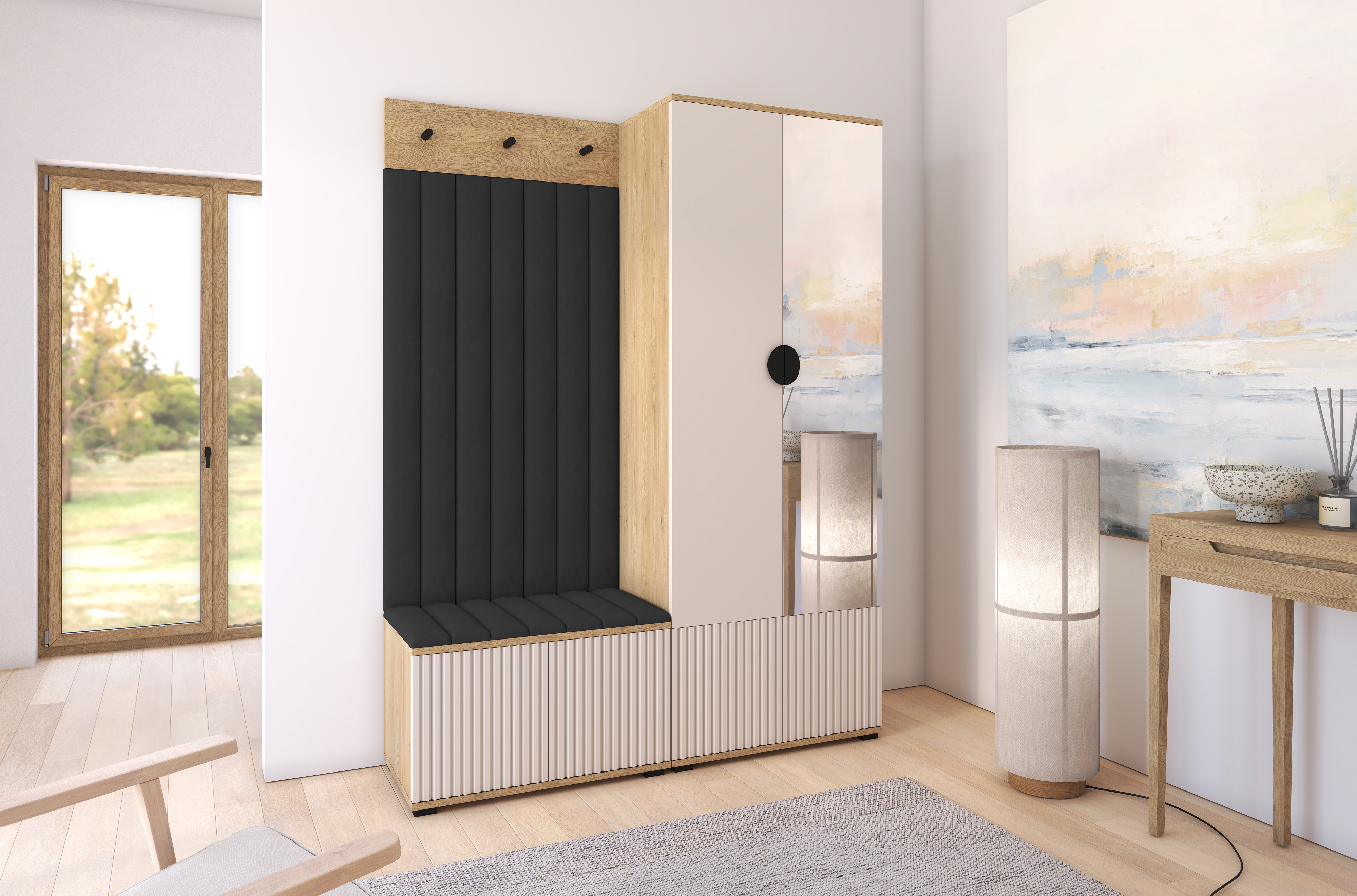 Bello Hallway Wardrobe Set 1 – Choose Leg Height, Mirror & Panel Colour | Cashmere & Cremona Oak