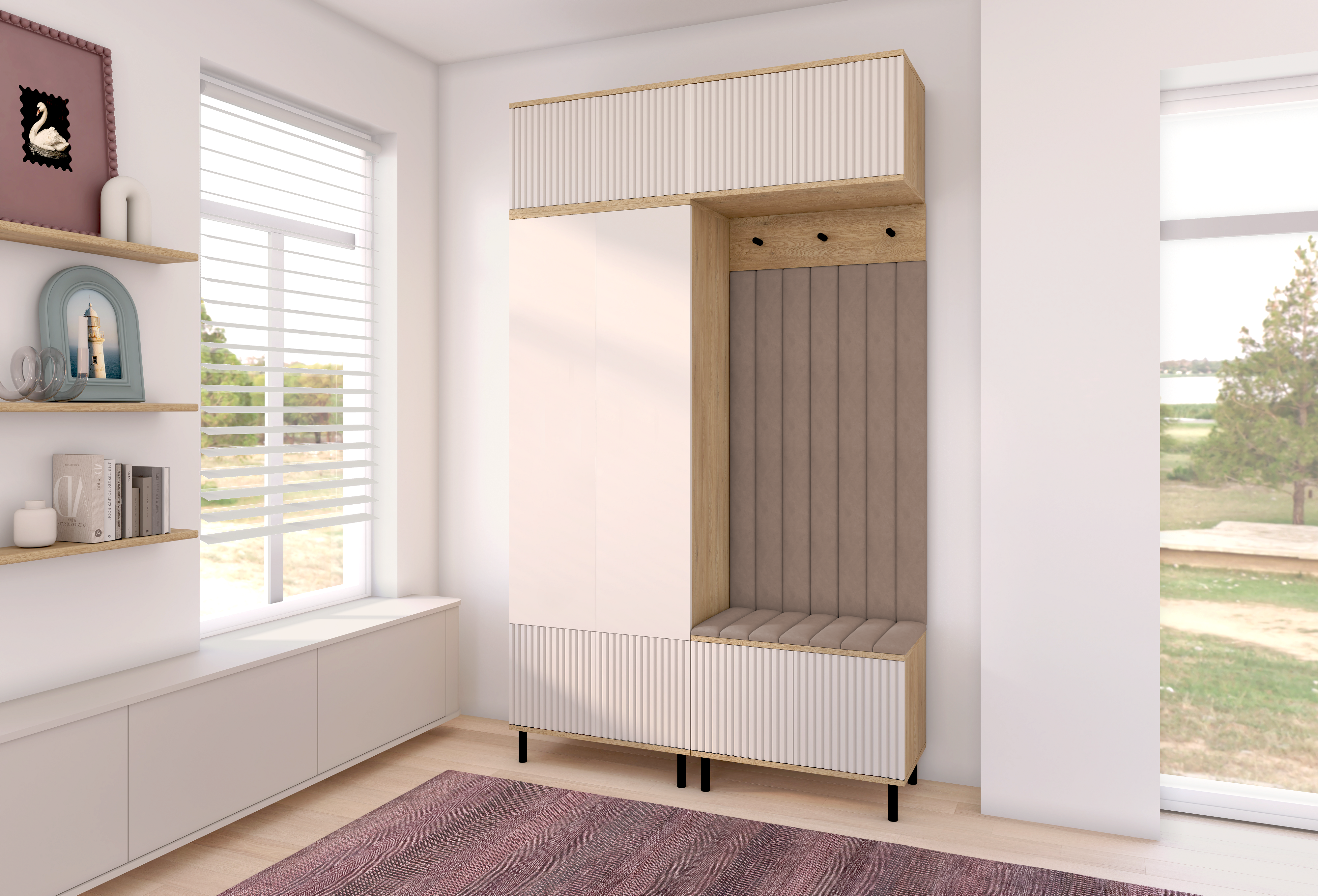 Bello Hallway Wardrobe Set 2 – Choose Leg Height, Mirror & Panel Colour | Cashmere & Cremona Oak