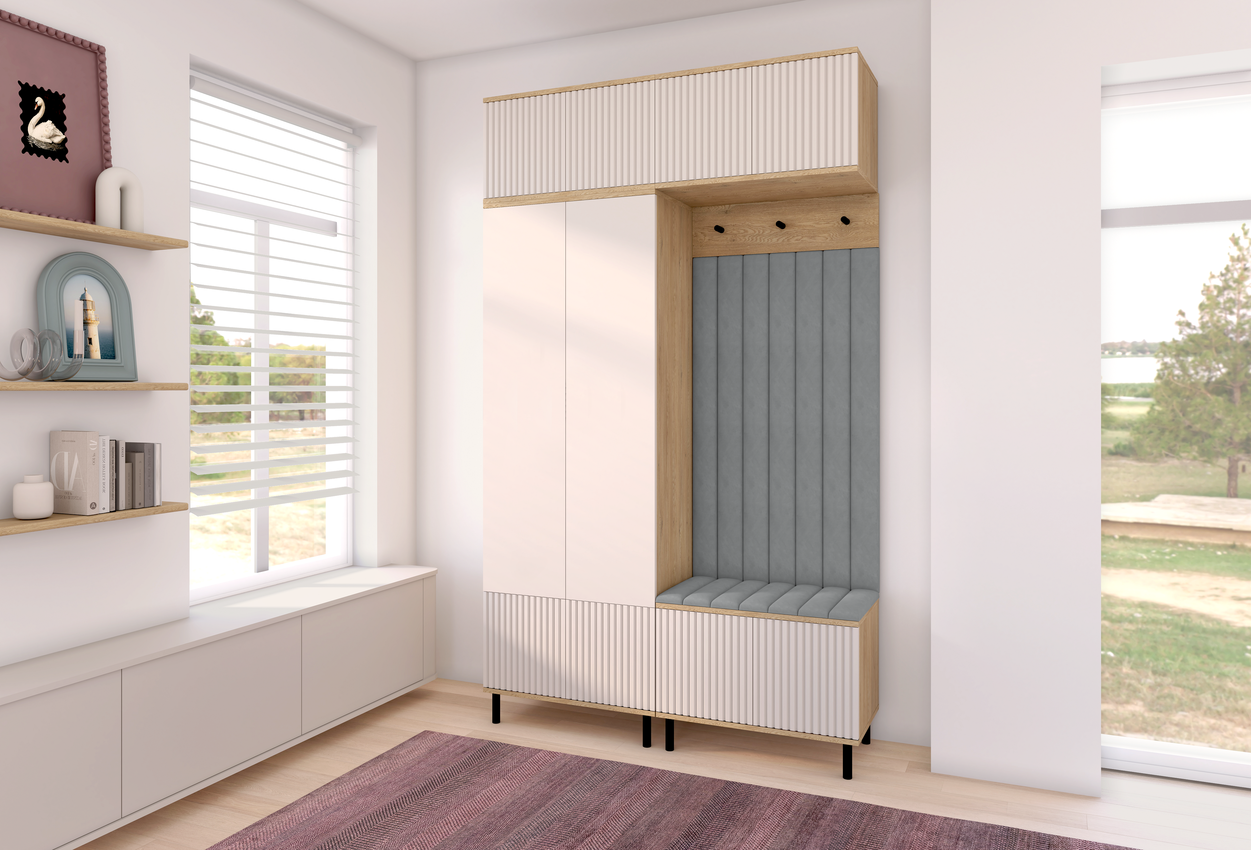 Bello Hallway Wardrobe Set 2 – Choose Leg Height, Mirror & Panel Colour | Cashmere & Cremona Oak