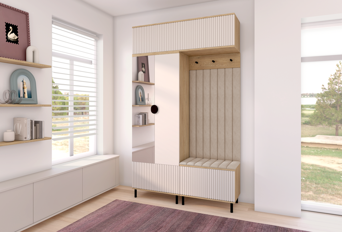 Bello Hallway Wardrobe Set 2 – Choose Leg Height, Mirror & Panel Colour | Cashmere & Cremona Oak