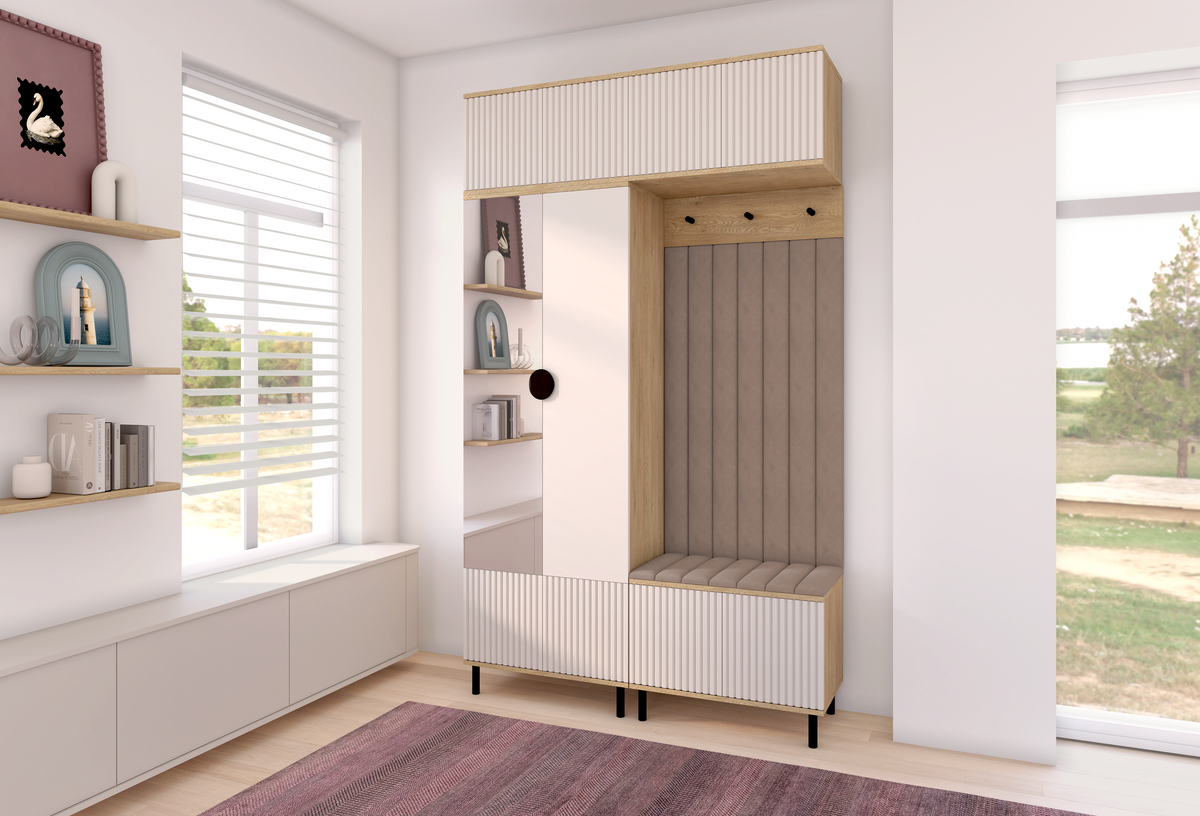 Bello Hallway Wardrobe Set 2 – Choose Leg Height, Mirror & Panel Colour | Cashmere & Cremona Oak
