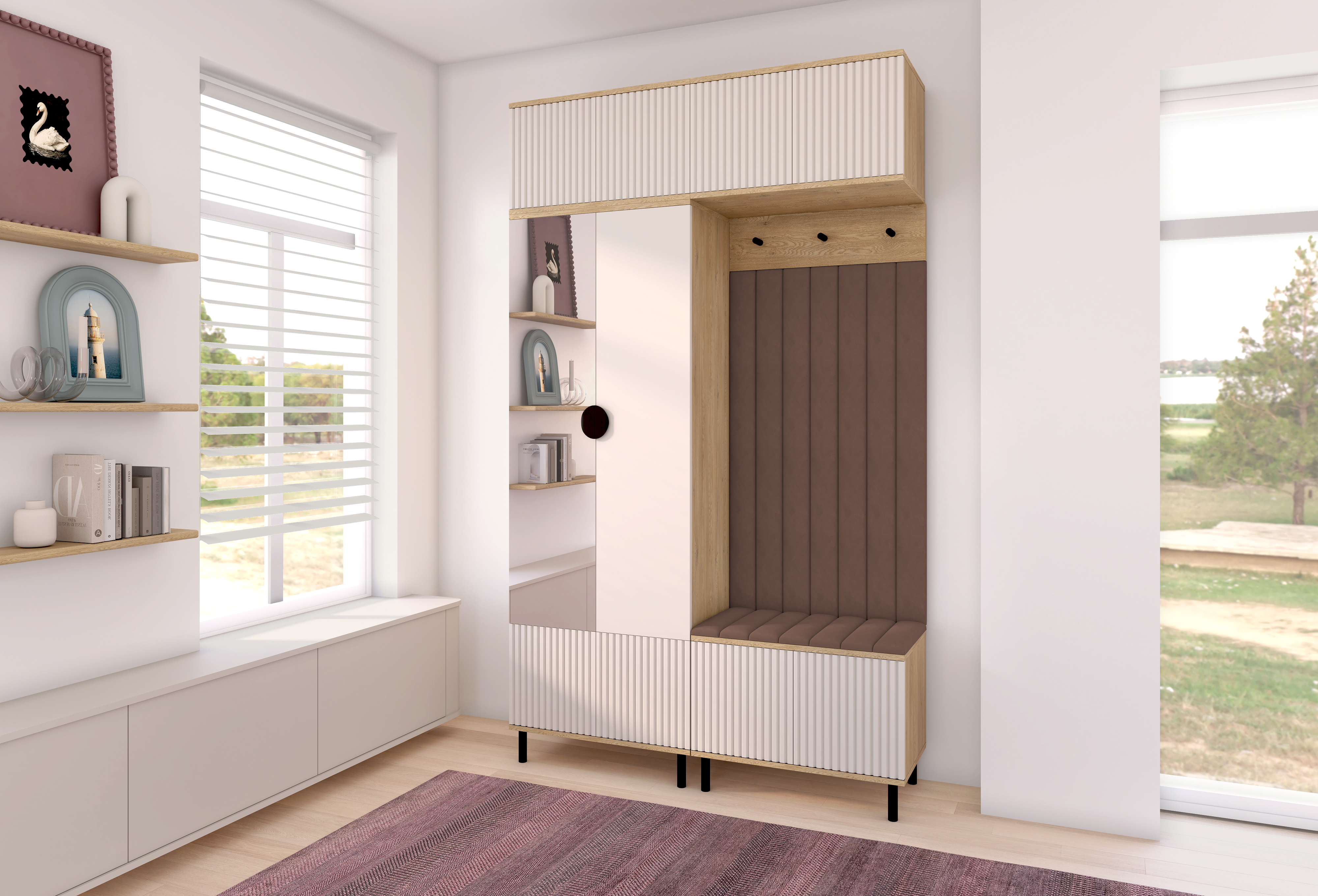 Bello Hallway Wardrobe Set 2 – Choose Leg Height, Mirror & Panel Colour | Cashmere & Cremona Oak