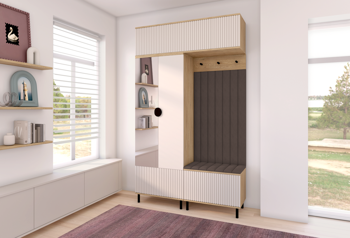 Bello Hallway Wardrobe Set 2 – Choose Leg Height, Mirror & Panel Colour | Cashmere & Cremona Oak