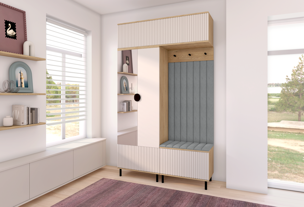 Bello Hallway Wardrobe Set 2 – Choose Leg Height, Mirror & Panel Colour | Cashmere & Cremona Oak