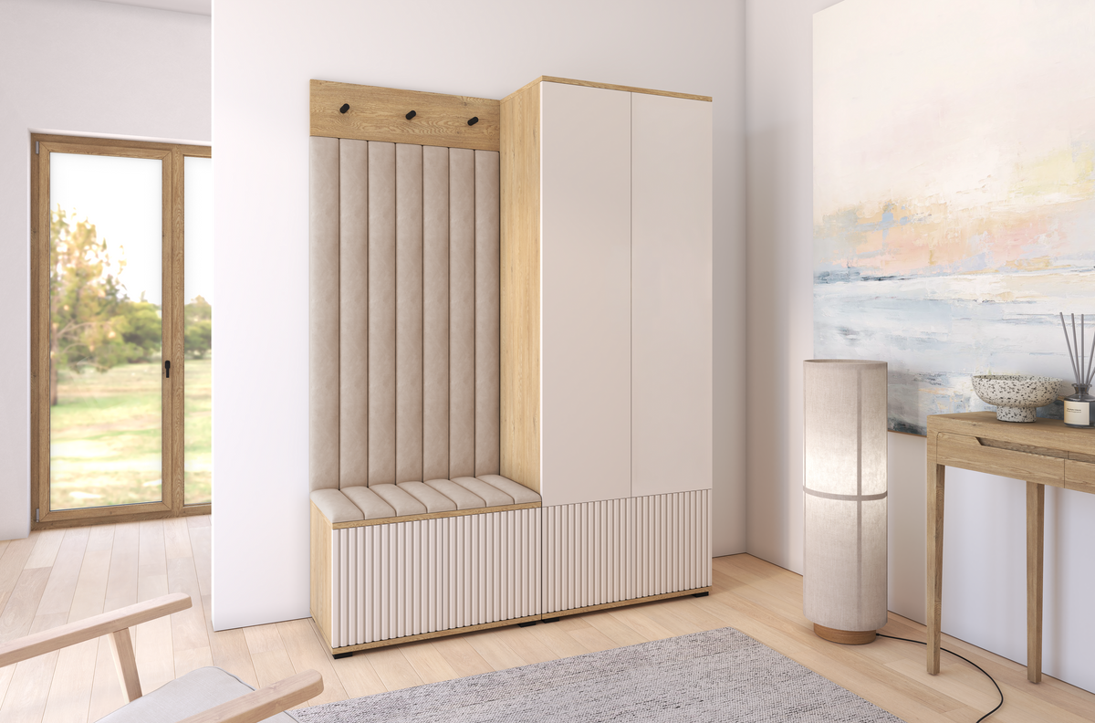 Bello Hallway Wardrobe Set 1 – Choose Leg Height, Mirror & Panel Colour | Cashmere & Cremona Oak
