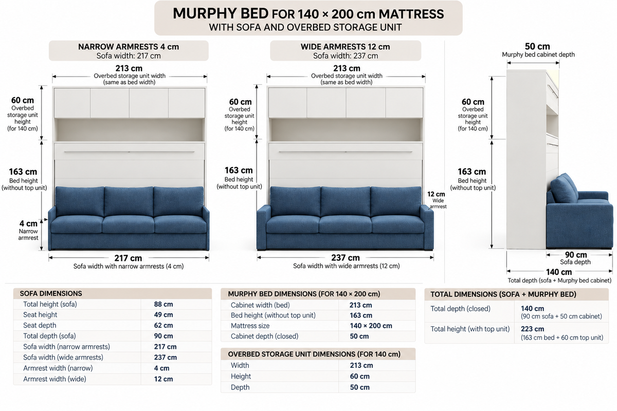 Genius Comfort Horizontal Murphy Bed with Sofa 140x200 cm – Cashmere
