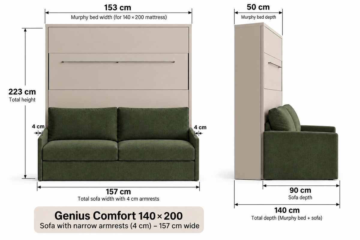Customizable Genius Comfort Murphy Bed with Sofa 140 x 200 cm – Cashmere