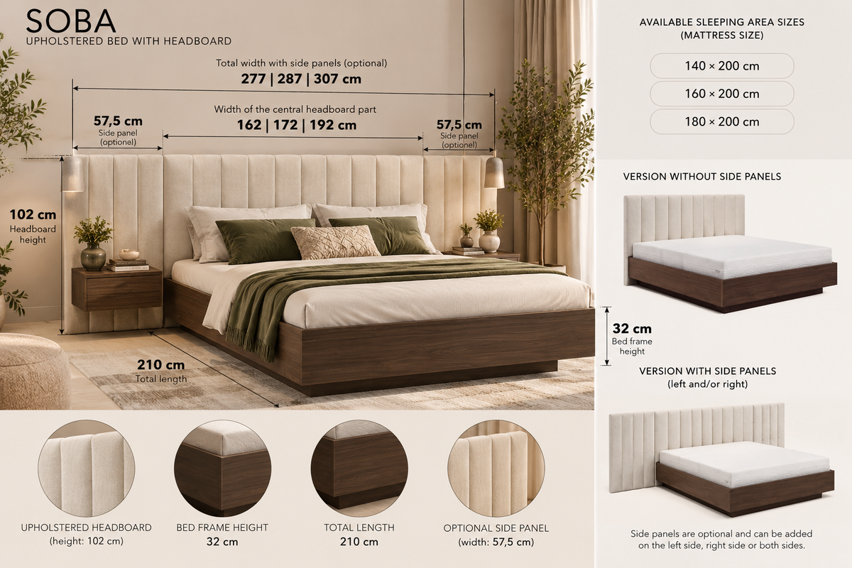 SOBA Bed with Upholstered Headboard – Villa Walnut, 140 / 160 / 180 cm