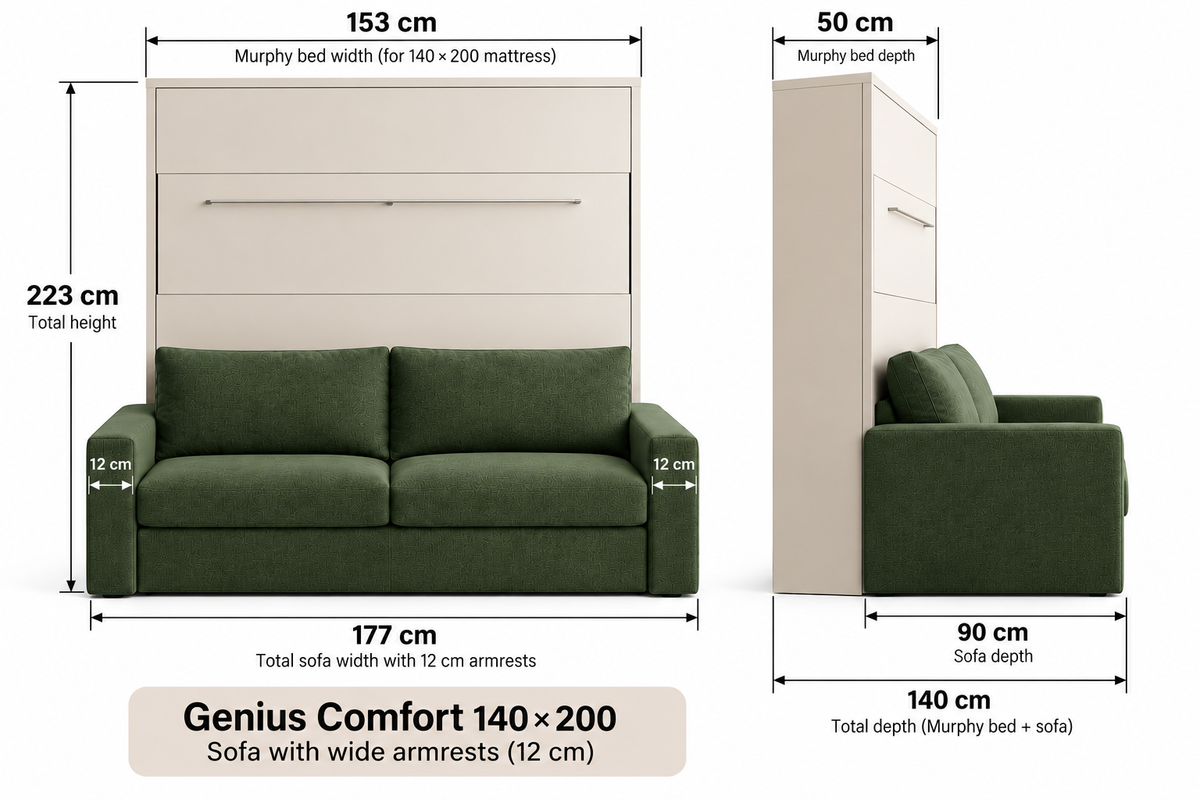 Customizable Genius Comfort Murphy Bed with Sofa 140 x 200 cm – Cashmere