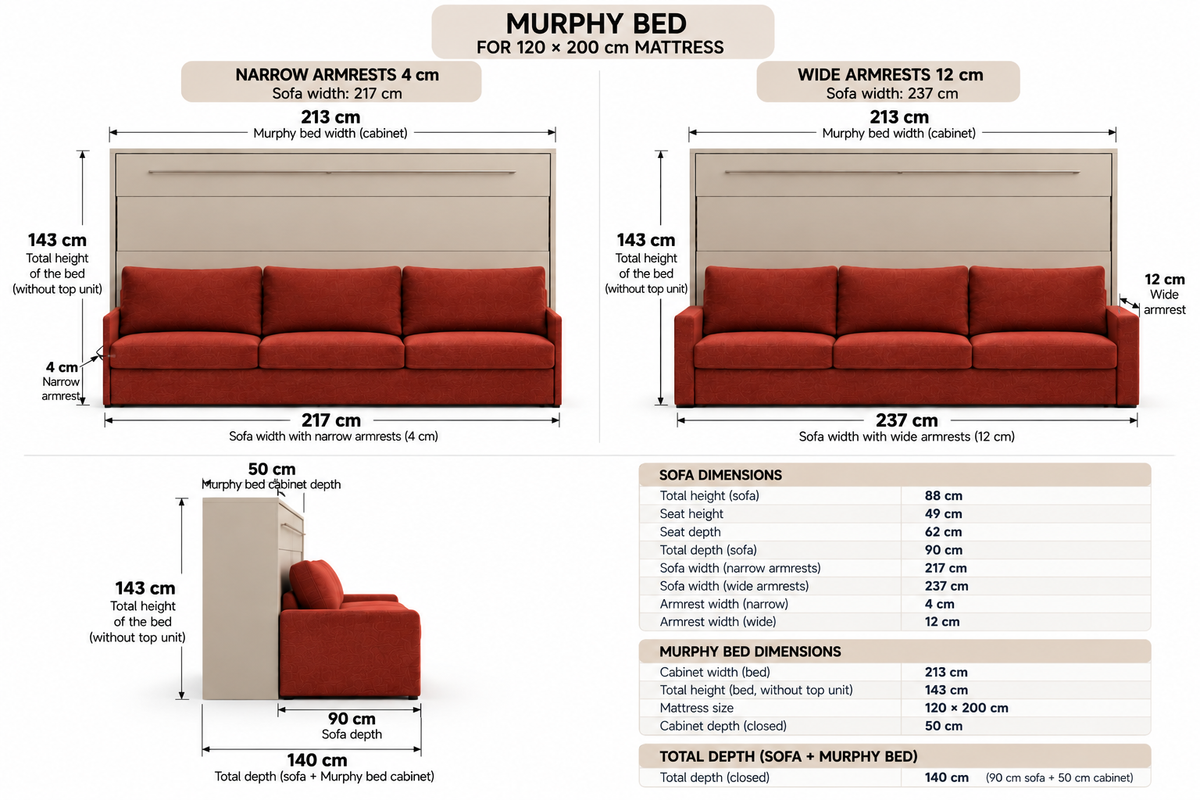 Genius Comfort Horizontal Murphy Bed with Sofa 120x200 cm – Cashmere