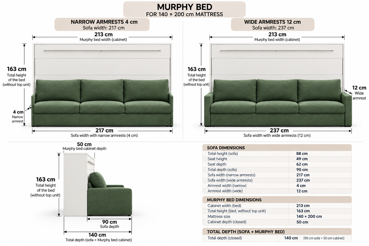 Genius Comfort Horizontal Murphy Bed with Sofa 140x200 cm – Cashmere