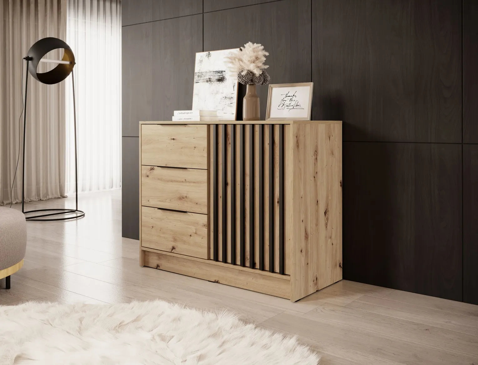 Nelly K2 Chest of Drawers – Artisan Oak / Black Slats