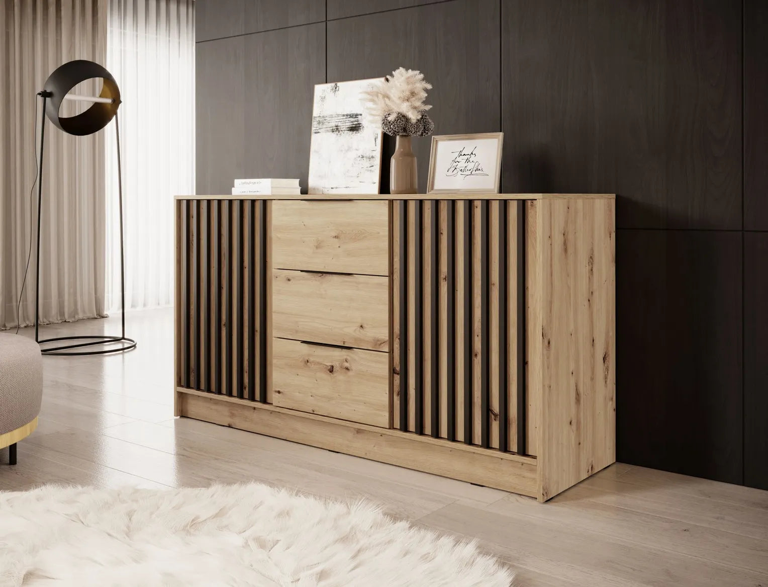 Nelly K3 Chest of Drawers – Artisan Oak / Black Slats