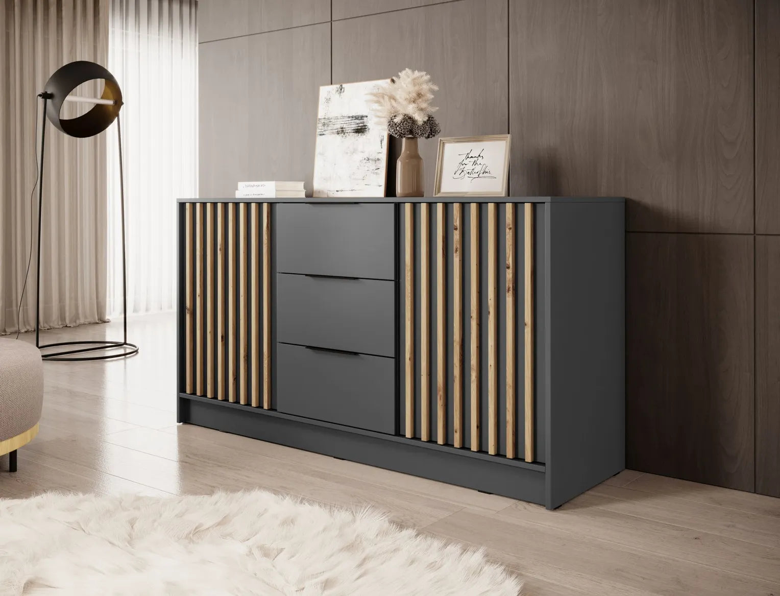 Nelly K3 Chest of Drawers – Graphite / Artisan Oak Slats