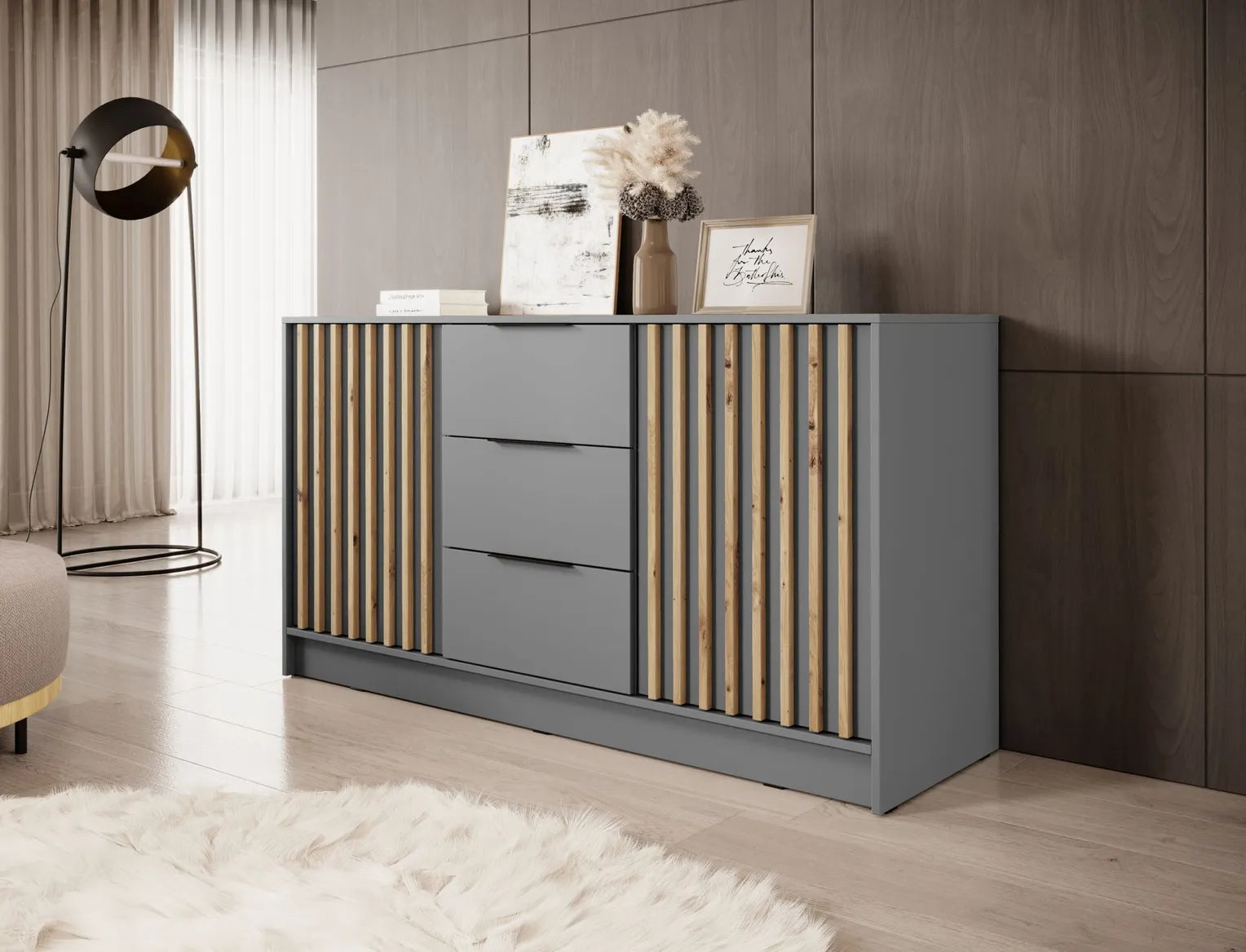 Nelly K3 Chest of Drawers – Grey / Artisan Oak Slats