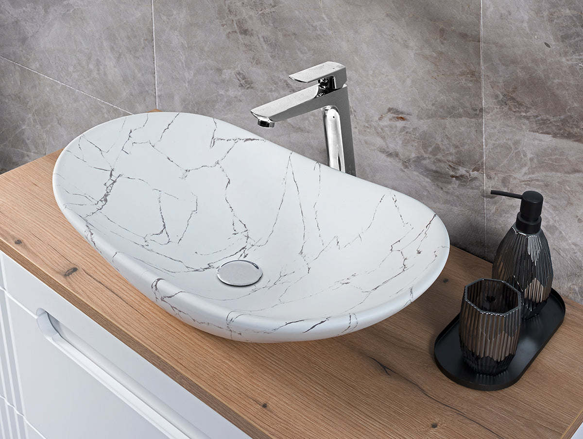 Lena Countertop Basin – Matt White Marble, 61.5 cm