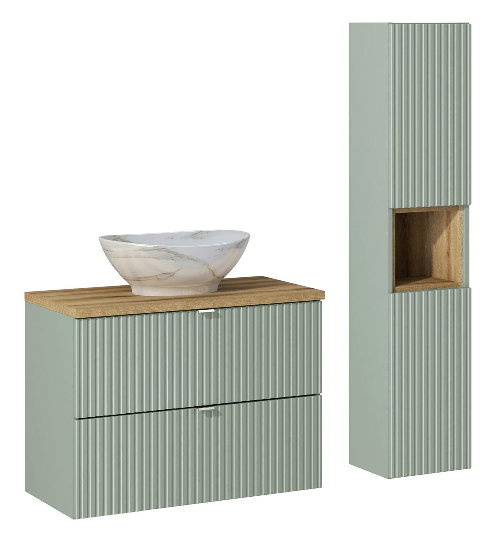 Line Reed Green with High Cabinet Bathroom Set 80CM UN PATI SET-LRG B OAK