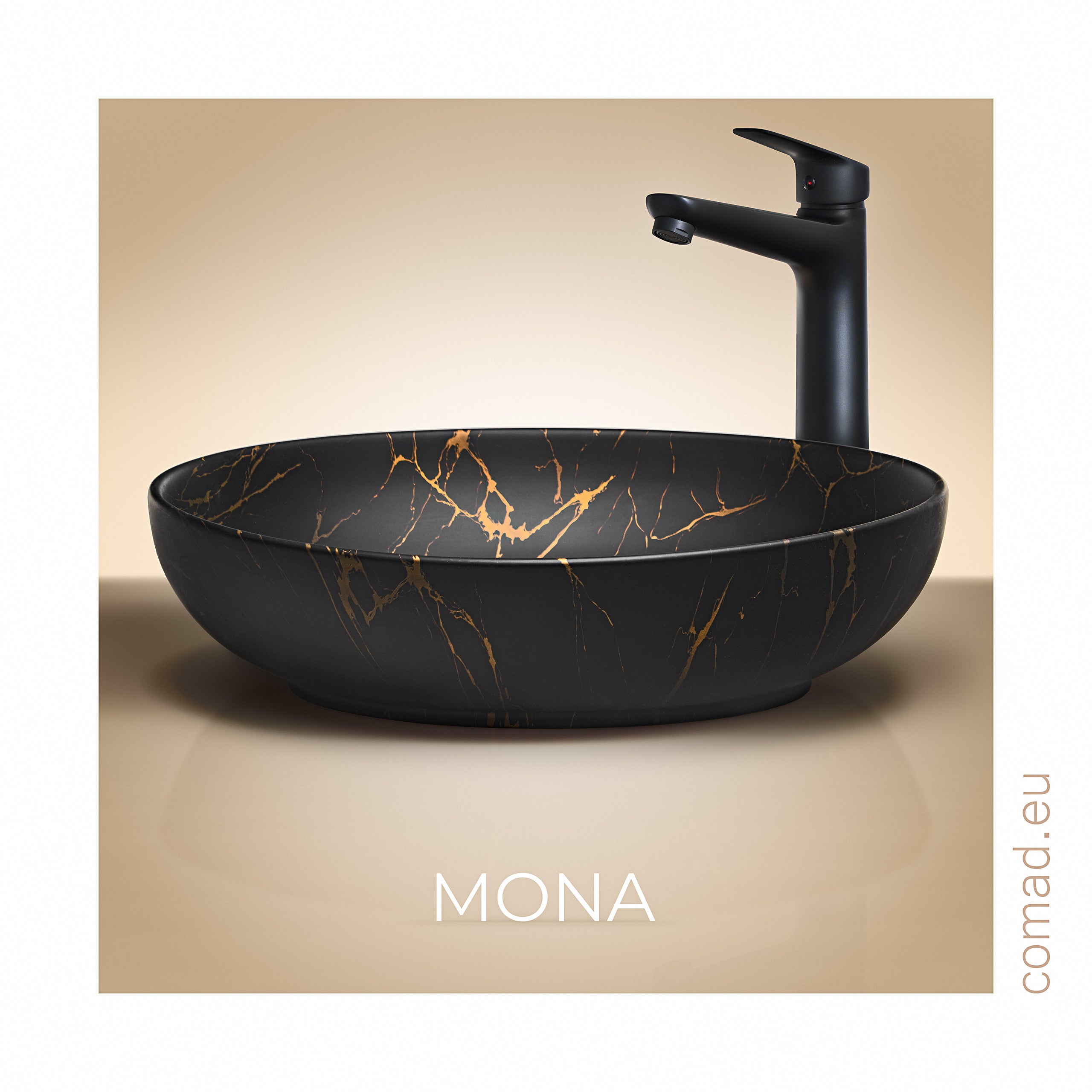 Mona Countertop Basin – Matt Black & Gold Marble, 52 x 39.5 cm