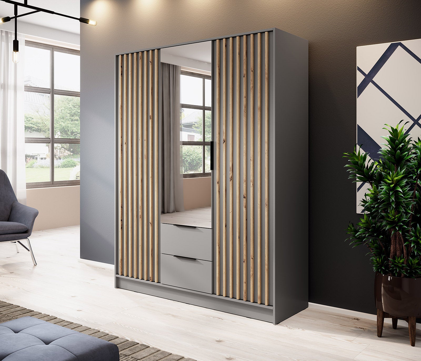 Nelly 3D Wardrobe with Mirror Grey