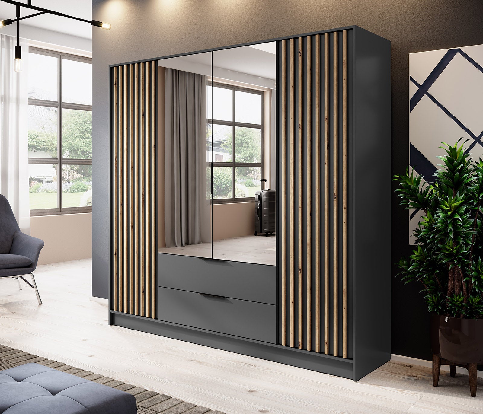 Nelly 4D Wardrobe with Mirror Graphite