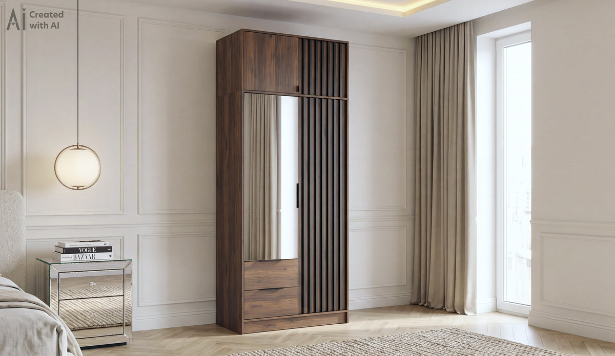 Nelly mirrored wardrobe with optional top extension in Katania Walnut in a bright bedroom