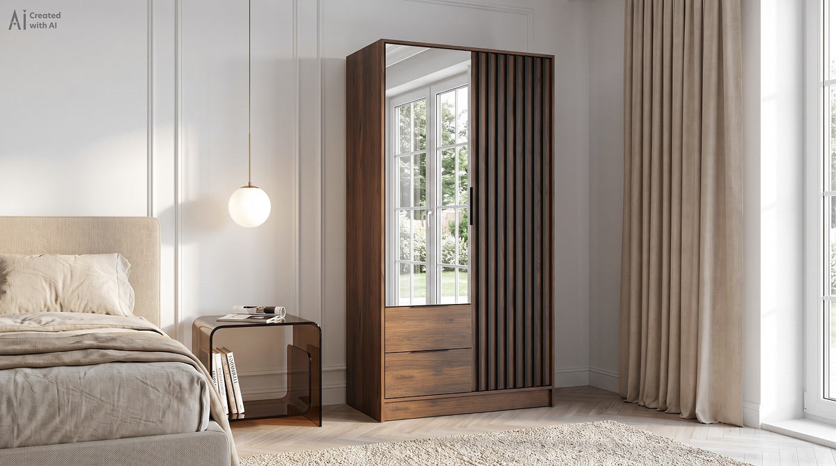 Nelly mirrored wardrobe in Katania Walnut with a slatted front beside a bed in a neutral bedroom