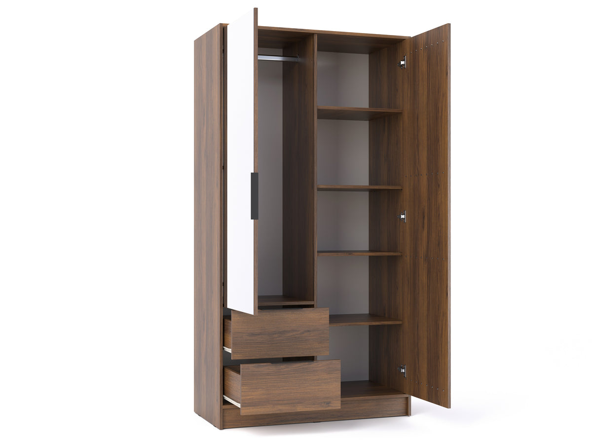 Open Nelly Katania Walnut wardrobe showing a hanging rail, right-hand shelves and two extended drawers