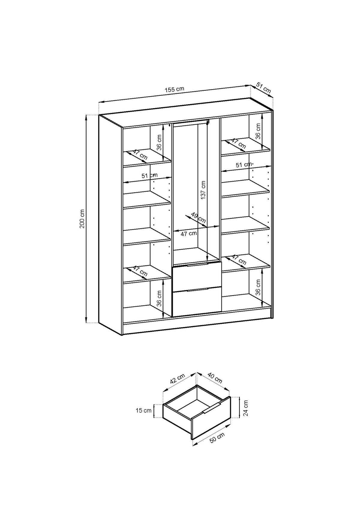Nelly 3D wardrobe internal dimension diagram showing 155 cm width, 200 cm height, 51 cm depth, central hanging space and side shelves