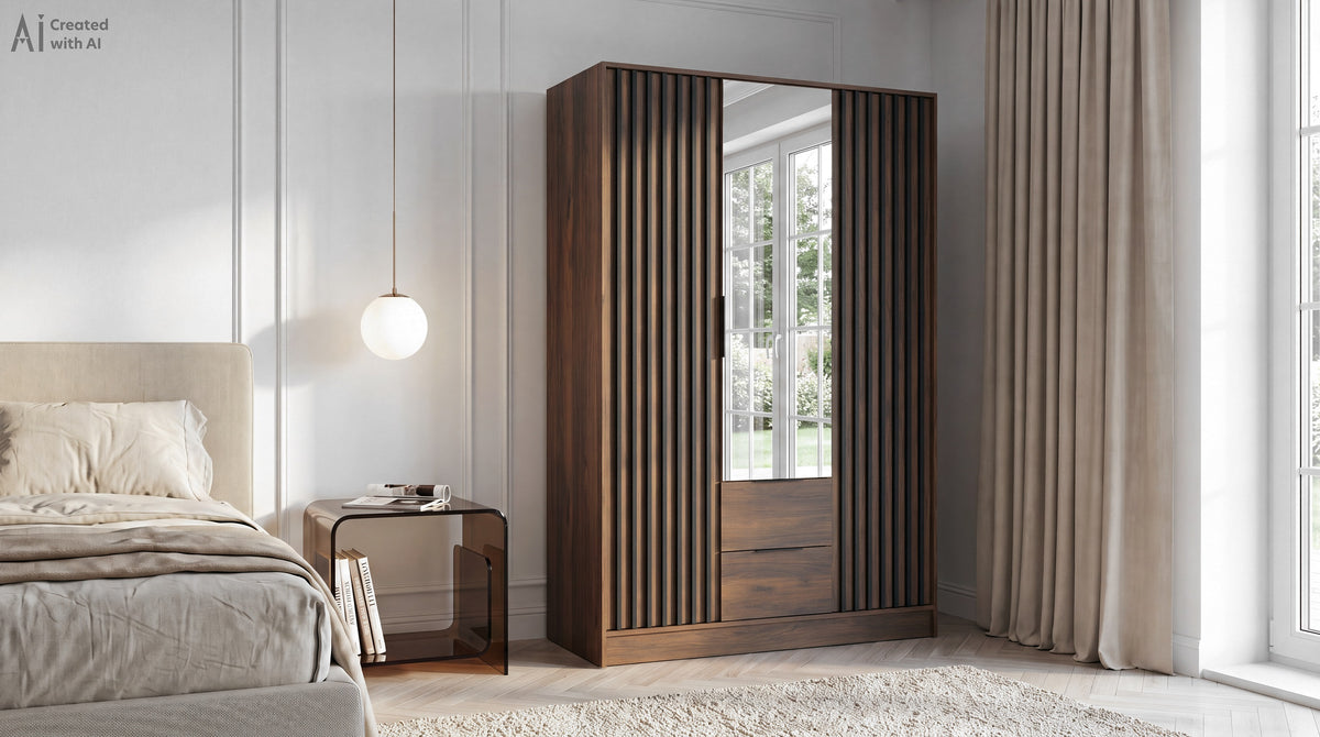 Nelly 3D mirrored wardrobe in Katania Walnut with slatted doors beside a bed in a neutral bedroom