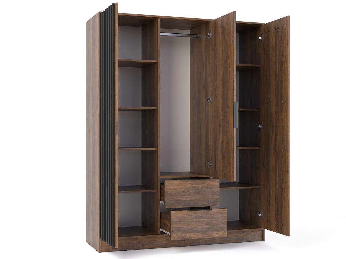 Open Nelly 3D Katania Walnut wardrobe showing central hanging rail, shelves on both sides and two extended drawers