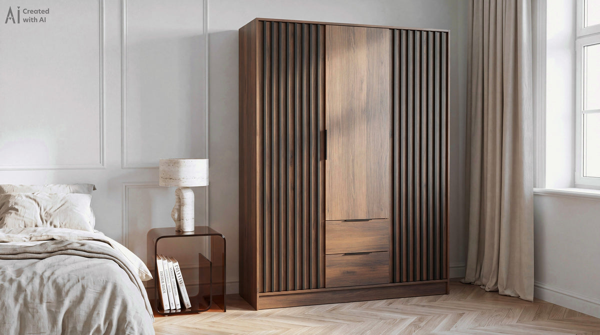 Nelly 3D Katania Walnut wardrobe without mirror beside a bed in a neutral bedroom