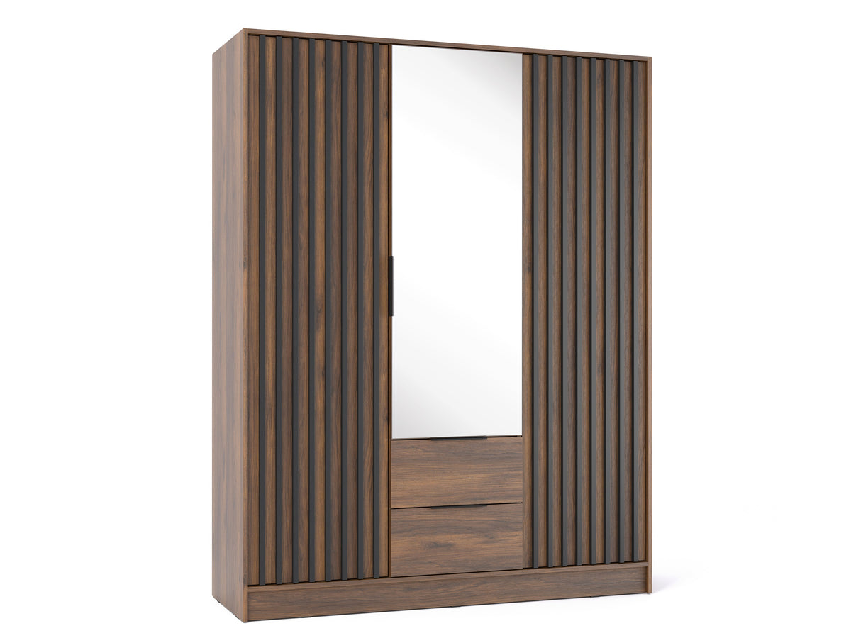Nelly three-door wardrobe in Katania Walnut with central mirror, two drawers and slatted outer doors