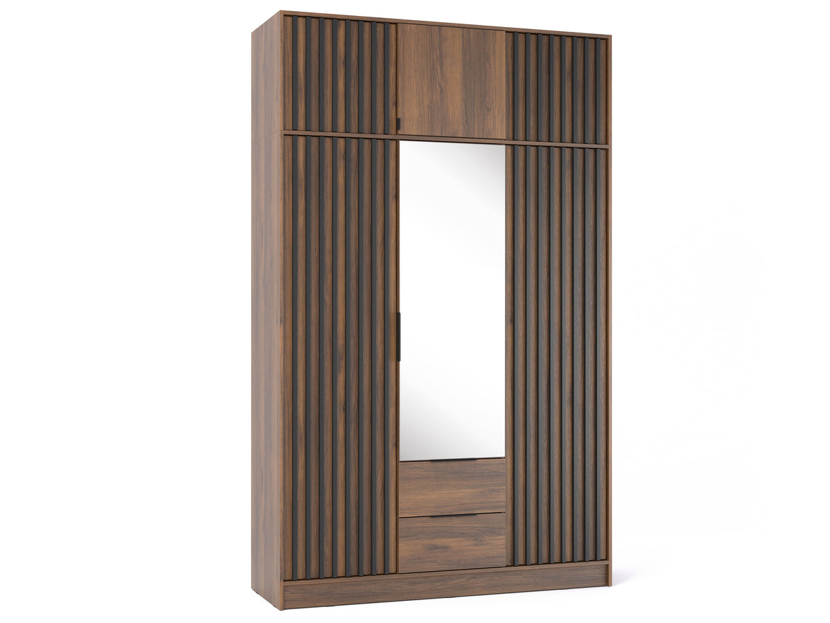 Nelly three-door mirrored wardrobe in Katania Walnut with matching optional top extension