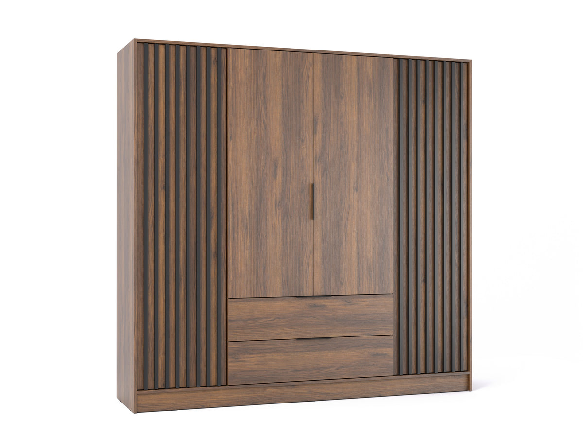 Nelly 4D wardrobe without mirror in Katania Walnut with plain central doors, slatted outer doors and two drawers