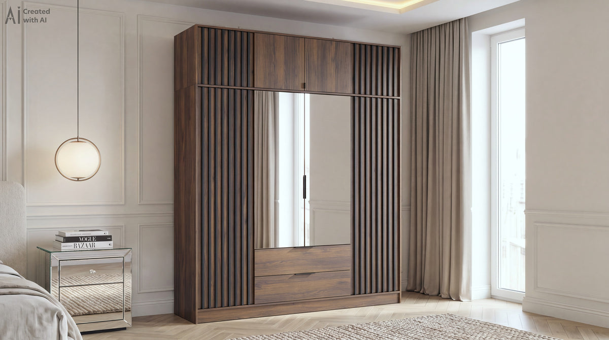 Nelly 4D Katania Walnut mirrored wardrobe with top extension in a bright bedroom